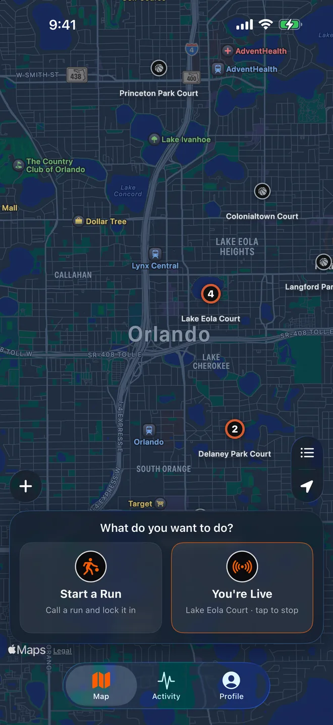 The tray after checking in: You're Live at Lake Eola Court.