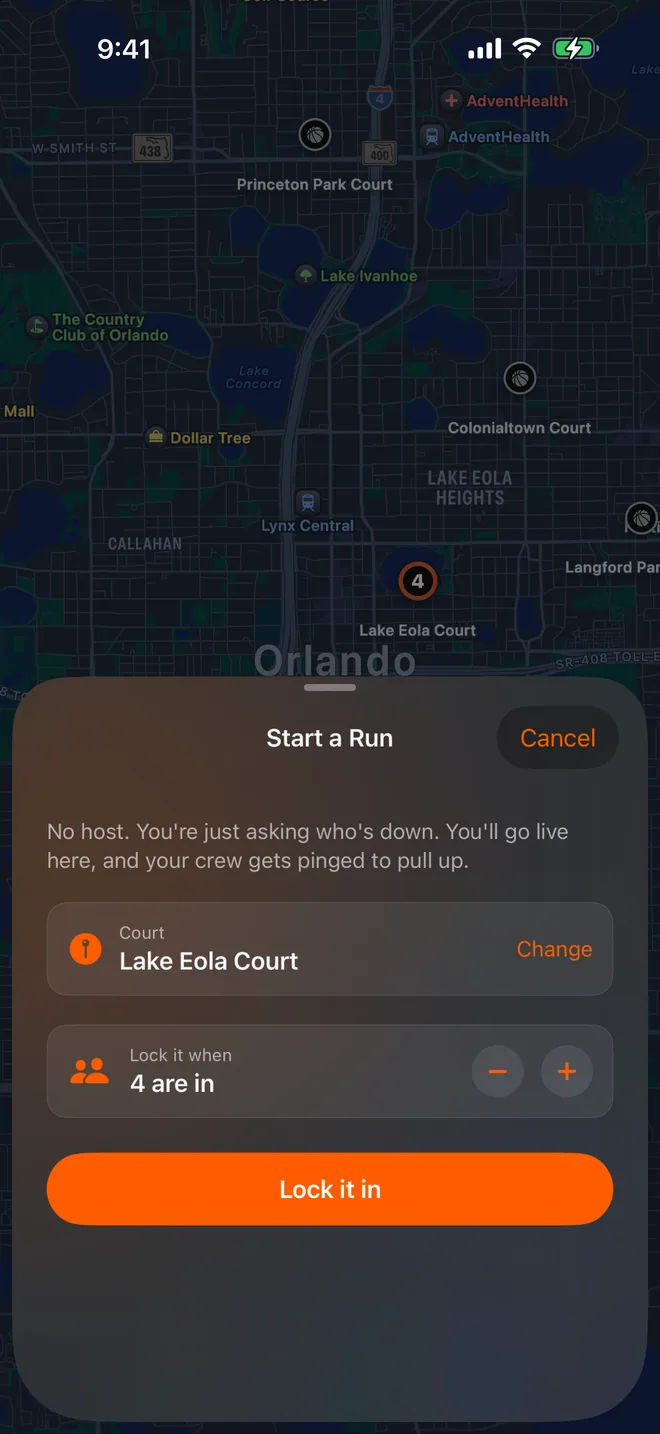 The Start a Run sheet: Lake Eola Court, lock it when 4 are in.