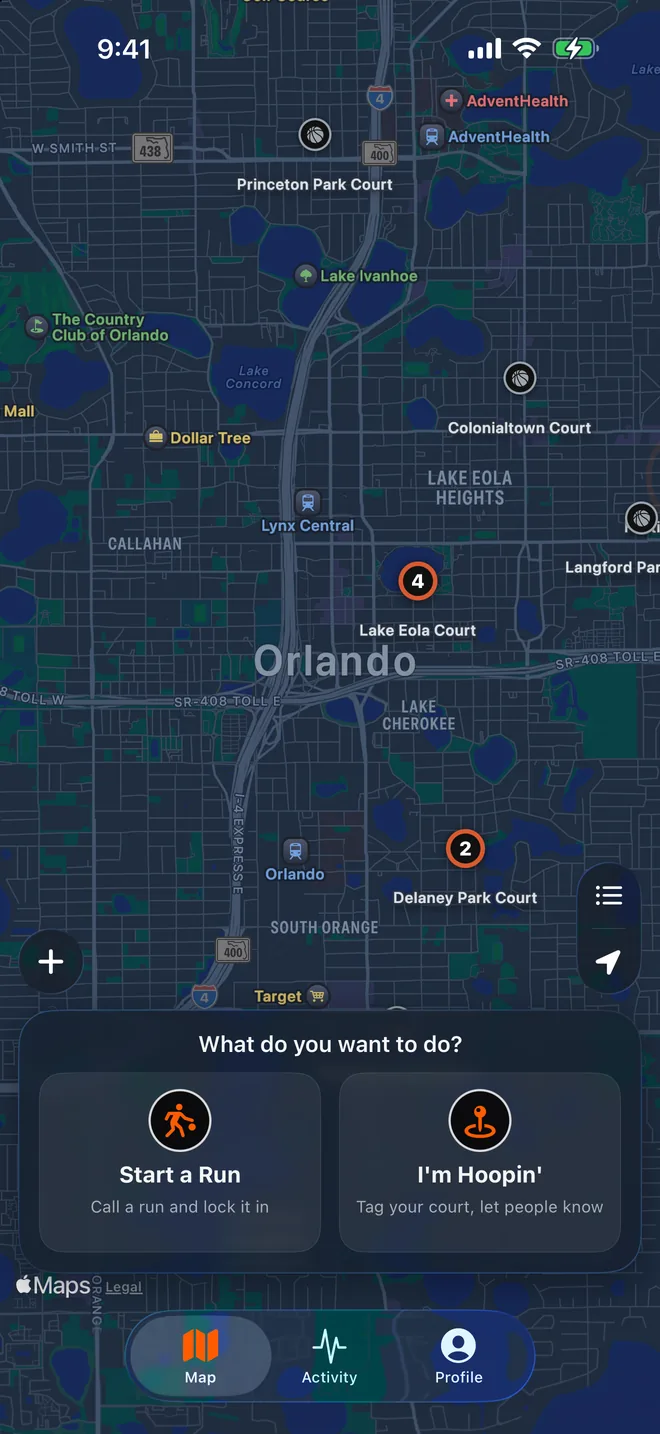 The map with the What do you want to do tray: Start a Run and I'm Hoopin'.